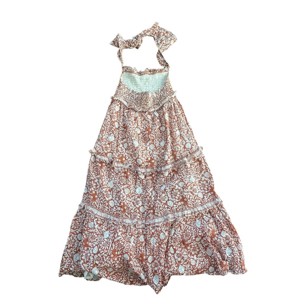 Cleobella Smocked Tiered Maxi Dress Floral Print Rust White XS Haltet Neck - Picture 3 of 7